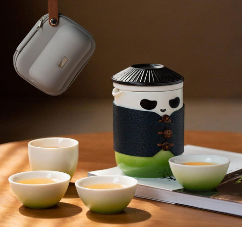 Set, 13oz 4 Travel Tea kung fu Panda Tea Cup with Portable Bag, Ceramic Chinese Teapot with Ceramic Teacups, With Tea