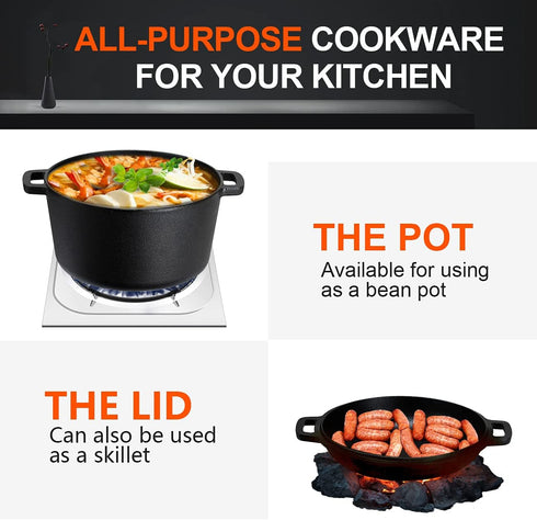 Overmont 2 in 1 Pre-Seasoned Dutch Oven with Skillet Lid for Induction, Electric, Grill, Stovetop, BBQ, Camping (5