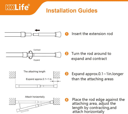 KXLife 4 Pcs Tension Curtain Rod, Adjustable 35 to 46 Inches, 5/8" Diameter Spring Curtain Rods, White