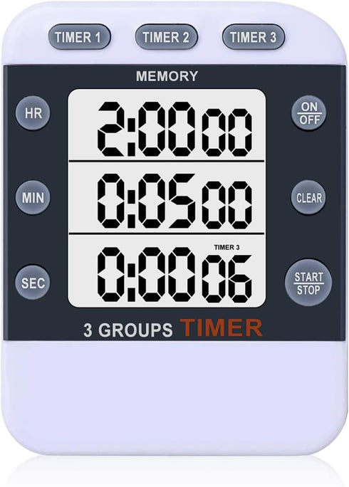 Digital Dual Kitchen Timer for Cooking, 3 Channels Count Down/up Multi Timers, Large-Display Adjustable Alarm Volume