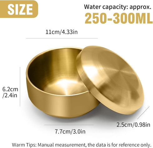 Stainless Steel Rice Bowl with Lid, Set of 2, Double-walled Metal Bowls for Korean Kitchen, 10.5cm Gold