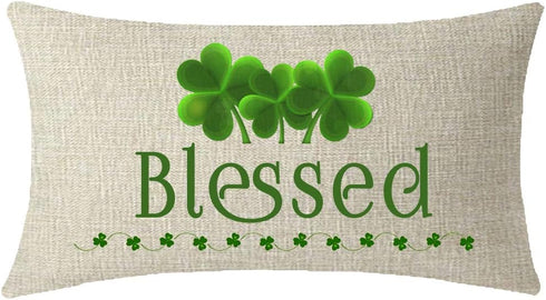 ITFRO Blessed Lucky Charm Shamrocks Cream Burlap Throw Pillow Cover, 12x20 Inches Decorative Cushion Case for St