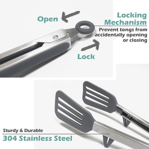 Tongs for Cooking, 12" Kitchen Tongs with Silicone Tips - Food Grade Serving Tongs Set of 3, Grey