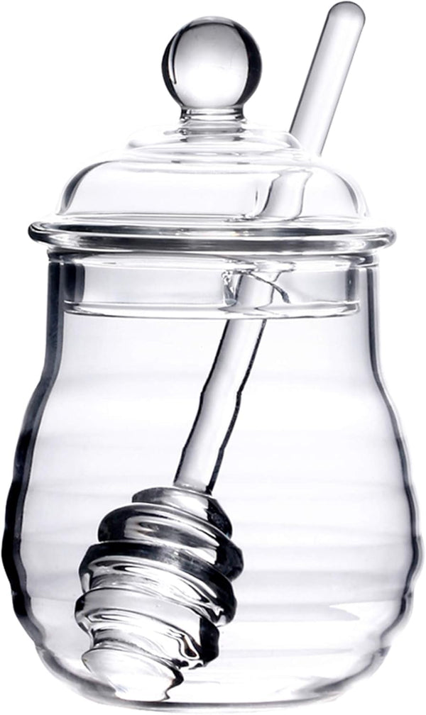 Lawei Glass Honey Jar with Dipper and Lid, 10 OZ Heat-Resistant Honey Pot, Clear Glass Container for Honey and Syrup