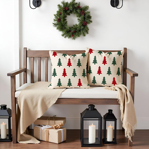18x18 Set 2 Red and Green Christmas Tree Pillow Covers of Outdoor Farmhouse Xmas Holiday Throw Pillow Cases for Sofa
