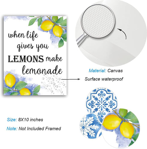 XUOIAYNB Blue Flower Pattern Lemon Art Print, Mexican Tile Lemon Fruit with Inspirational Quote Canvas Wall Art