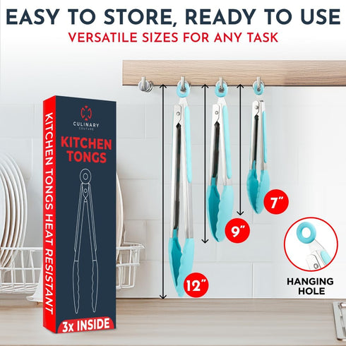 Kitchen Tongs Set of 3, 7-Inch, 9-Inch, 12-Inch, Silicone Tips, Heat Resistant