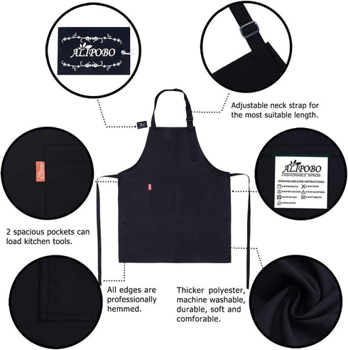 Kids Adjustable Bib Apron and Chef Hat Set, 2 Pockets, Cute Black Kitchen Apron for Boys Girls Cooking (2-5 Year)