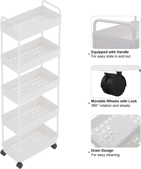 5 Buzowruil Rolling Storage Cart Tier Organizer Mobile Shelving Unit Storage Rolling Utility Cart with Wheels
