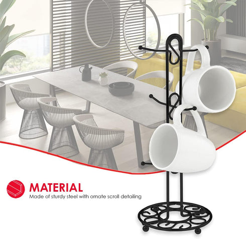 Home Basics Scroll Design Coffee Mug Holder - Black Steel Stand for Any Kind of Mug, Kitchen Organizing Cup Tree