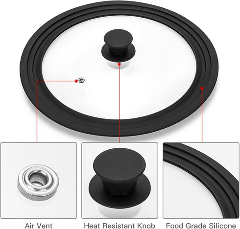 Universal Vented Tempered Glass Lid for Pots, Pans, Skillets with Heat Resistant Silicone Rim, Fits 6-8 inch Cookware,
