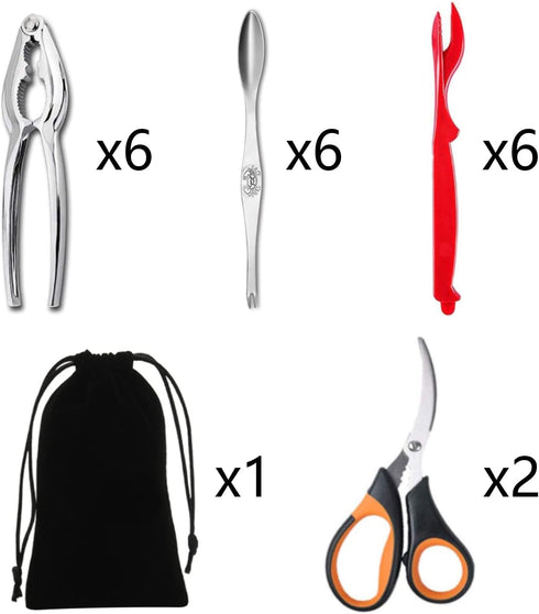 Artcome 21 Piece Seafood Tools Set - 6 Crab Crackers, 6 Lobster Shellers, 6 Wide Crab Forks, 2 Seafood Scissors and 1 Storage Bag