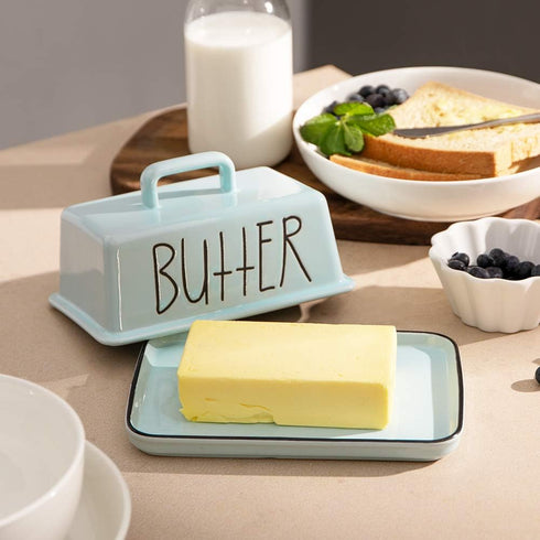 Sweejar 7.3 Inch Ceramic Butter Dish with Handle Lid, Large Porcelain Butter Keeper with Cover, Perfect for East/West