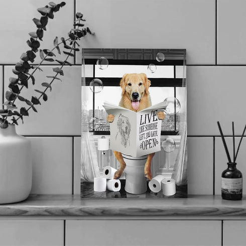 Golden Retriever Canvas Wall Art, Black and White Funny Dog Sitting in Toilet Painting for Bathroom