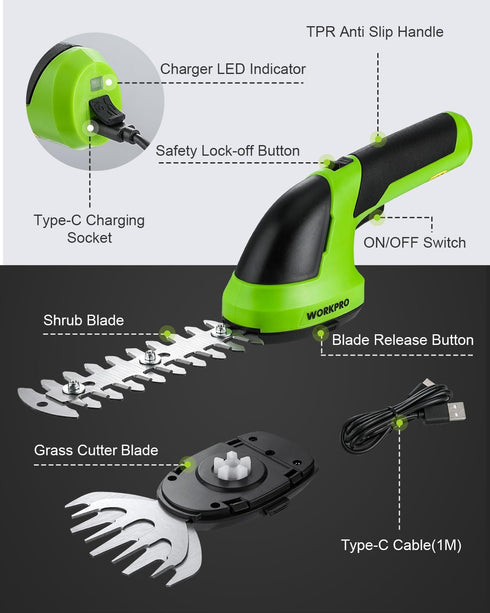 WORKPRO Cordless Grass Shear & Shrubbery Trimmer, 2 in 1 Handheld 7.2V Electric Grass Cutter with Battery Included