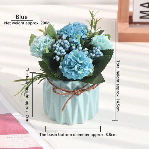 Fake Hydrangeas with Pot, Mini Hydrangea Artificial Flowers, Artificial Plant in Ceramic Vase for Office Desktop