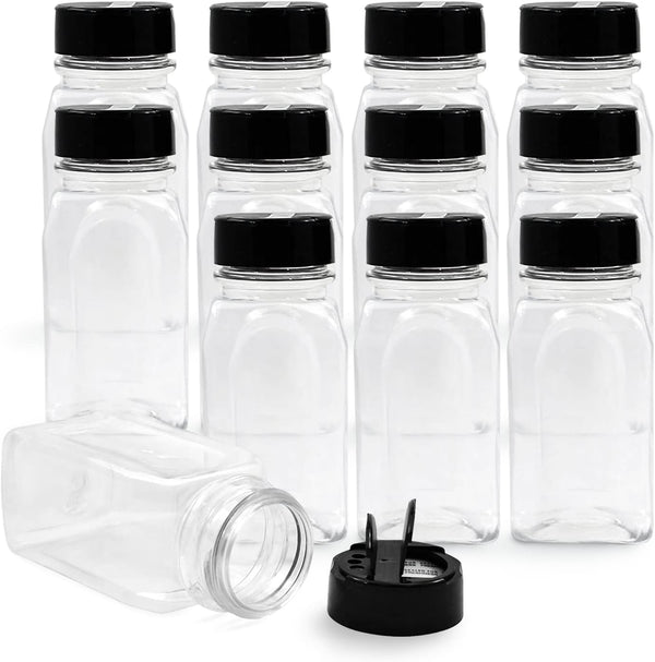 RoyalHouse 12 Pack 9.5 Oz Plastic Spice Jars with Black Cap, Clear BPA Free Containers for Storing Spices