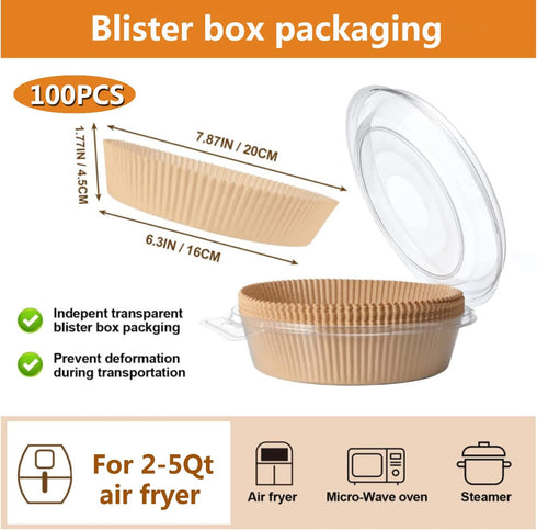Air Fryer Liner Round, 100PCS Disposable Liners, 6.3 inch for 2 to 4.9Qt Air Fryer, Unbleached Non-stick Parchment Paper