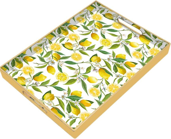 Lemon Serving Tray with Handles, Plastic Decorative Tray, Rectangular Coffee Table Tray