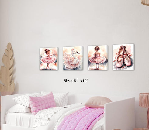 ZOIYINO Decor,Set 4(8x10) Framed Pink Ballet Nursery Wall Art,Pink Canvas Wall Art,Girls Ballerina Nursery Bedroom