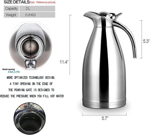 Sumerflos 68 Oz Stainless Steel Coffee Thermal Carafe/Double Walled Vacuum Thermos Insulated / 12 Hour Heat Retention / 2 Liters (Silver) by Sumerflos