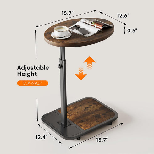 TV Tray Table with Infinite Adjustable Height - C-Shaped Sofa End Side Table for Snack Laptop Desk Small Spaces (Brown)