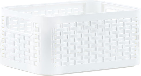 Superio Woven Plastic Storage Basket Box, 9 Quart, White - Wicker Home Organizer Shelf Bins for Closet, Handles