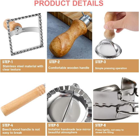 Set 5, Set Ravioli Pasta Cutter Wheel of Ravioli Makers with Roller Ravioli Stamp Cutter with Wooden Handle, Pasta