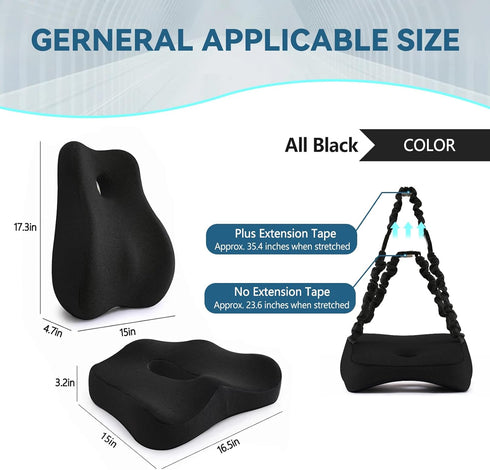 Black Seat Cushion & Lumbar Support Pillow Set for Office Chair, Ergonomic Memory Foam Back Support Pillow & Chair