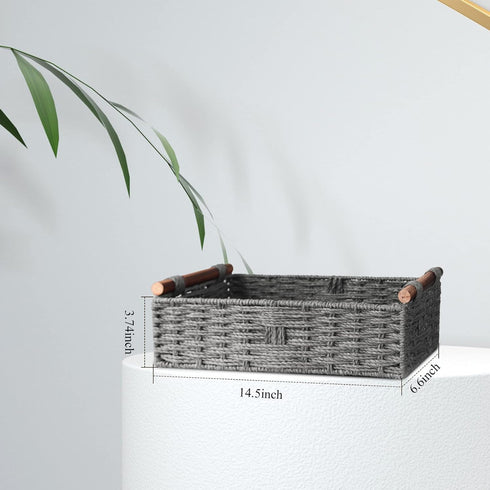 Round Paper Rope Storage Basket Wicker Baskets for Organizing with Handle Decorative Storage Bins for Countertop Toilet Paper Basket for Toilet Tank Top Small Baskets Set,Grey by STOBSK