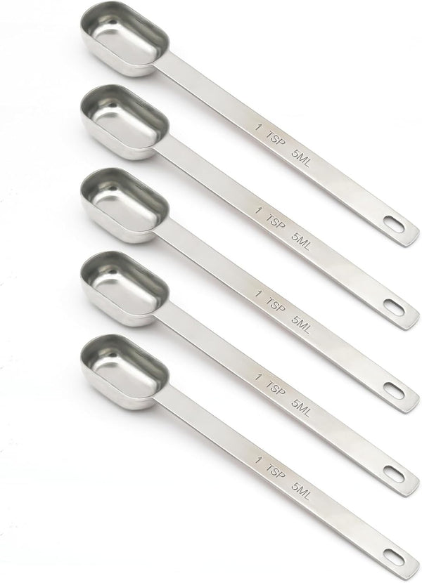 5PCS 1 Teaspoon (1Tsp | 5 mL | 5 cc | 1/3 Tablespoon) Stainless Steel Individual Spoons, Long Handle Spoons Only