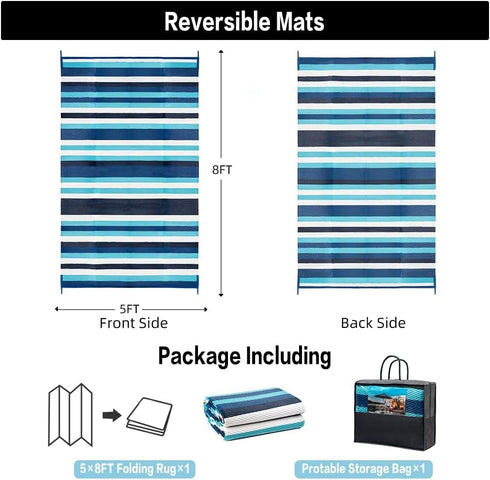 (5x8ft,Stripe/Blue&White) HUGEAR Outdoor Plastic Straw Rug, Waterproof Mat, Washable Large Floor Mat and Rug
