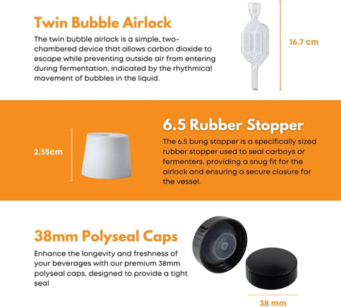 FastRack 1 gal Jug with Twin Bubble Airlock, Polyseal Lid, #6.5 Drilled Stopper