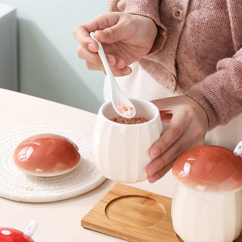Ceramic Mushroom Shape Sugar Bowl, Spice Jar Seasoning Pot with Lid and Spoon