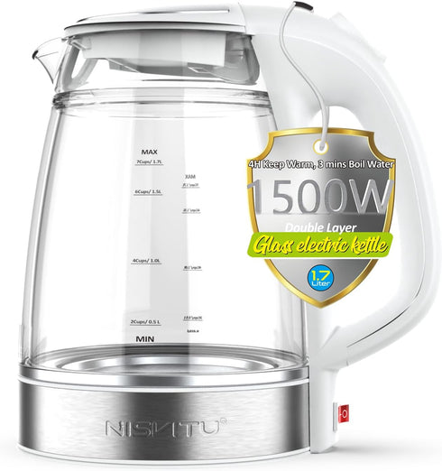 NISVITU Glass & Stainless Steel Cordless Electric kettle for boiling water, Hot