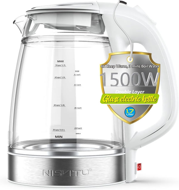 NISVITU Glass & Stainless Steel Cordless Electric kettle for boiling water, Hot