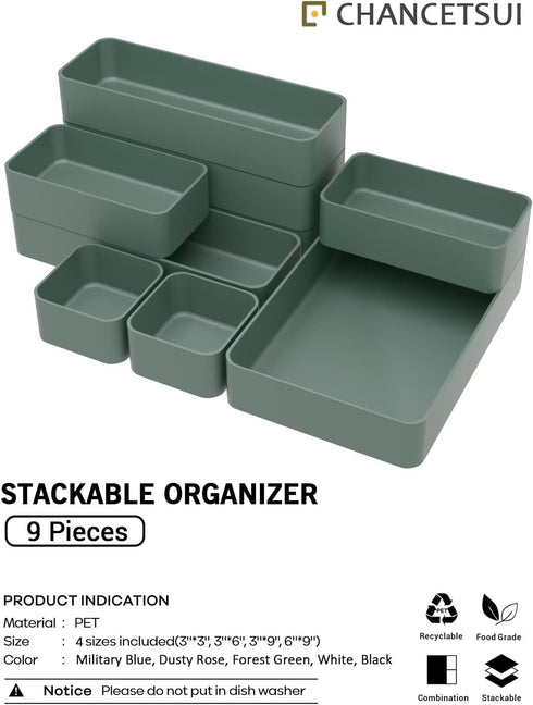 CHANCETSUI 9 Pcs Stackable Drawer Organizer Trays Set, Green Multifunctional Storage for Vanity, Bathroom & Office