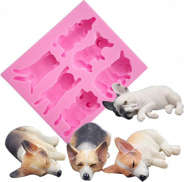 Fewo 6-Cavity Silicone Mold for Sleeping Dog Corgi and French Bulldog, Fondant Chocolate Candy Baking Tools