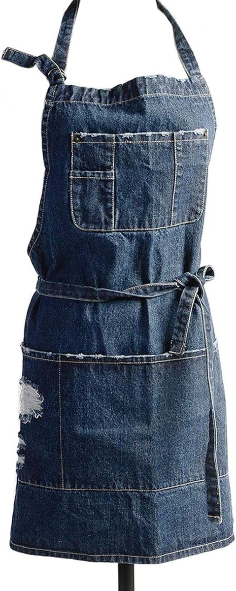 Denim Apron With 5 Pockets for Kitchens,Hairstylist Aprons for Women Men,Adjustable Bib Jean Apron for Arts Cafe Work