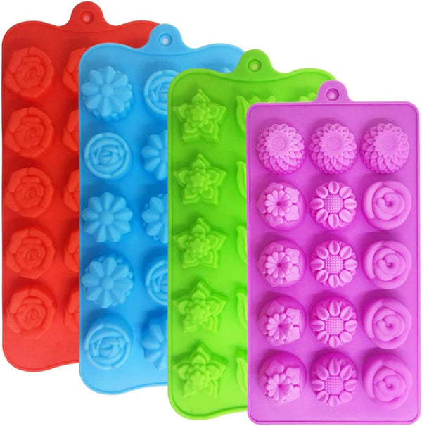 4 PACK Flower Shape Chocolate Candy Molds Set, DanziX Silicone 15 Cavity Baking Mold for Wedding, Festival, Parties,