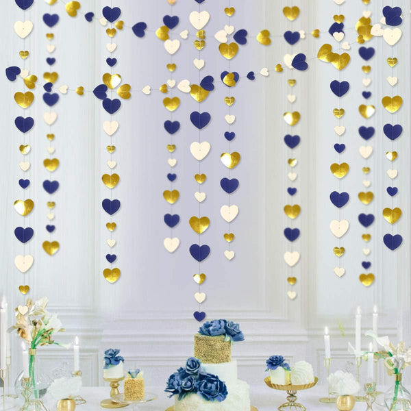52Ft Valentines Day Party Decorations - Navy Blue Gold Love Heart Garland, Royal Blue Gold Hanging Streamer Banner for