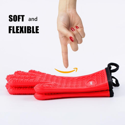 Kitchen Oven Gloves - Silicone and Cotton Double-Layer Heat Resistant Mitts for Baking and Grilling - 1 Pair, Red