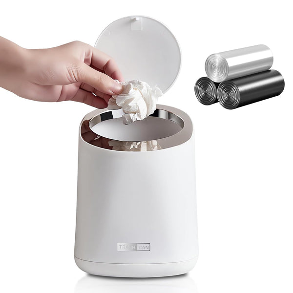 Mini Desktop Trash Can with Lid, 90 Trash Bags, Press-Type Countertop Wastebasket for Bathroom, Bedroom