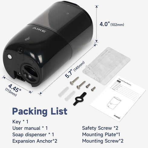 AIKE Wall Mount Automatic Soap Dispenser for Liquid Soap, Battery Operated - Black, Model AK1216