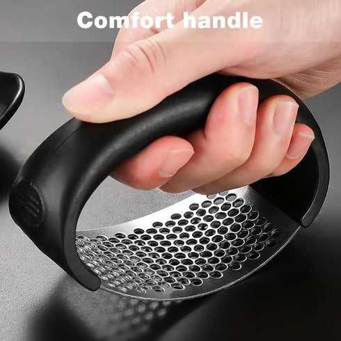 Garlic Press Rocker, Portable Manual Stainless Steel Garlic Press Rocker Crusher Masher with Garlic Peeling Drum