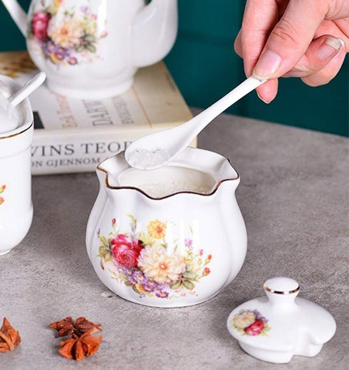 Ceramics Retro Flower Sugar Bowl, Spice Jar Storage Seasoning Pot with Lid and Spoon