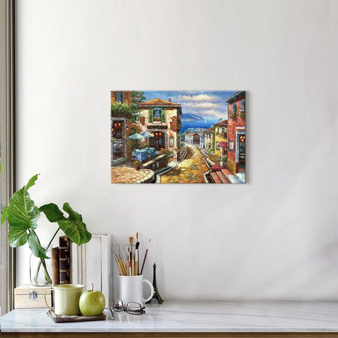 Italian Cityscape Abstract Wall Art, Mediterranean City Italy Street Towns Canvas Painting for Paris Cafe Room