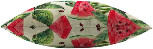 Mugod Slices of Watermelon Throw Pillow, Exotic Tropical Fruit Leaves Seed Red Green Cotton Linen Square Cushion Cover
