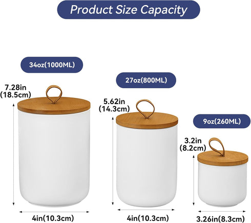 Ceramic Storage Jars, Elegant Airtight Canisters with Wooden Lid for Kitchen Spice Tea Sugar Storage (White)