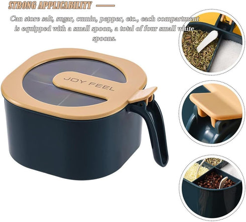 AKOAK 1 Pack Spice Box with Lid, Plastic Salt Box Pepper Jar, 4 Compartments for Kitchen Storage